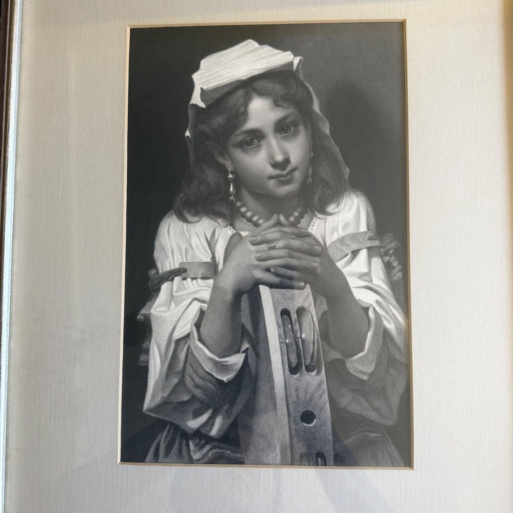 Vintage Framed Portrait Print Young Girl with Tambourine B&W Silver Frame 12x18 - Picture 3 of 8
